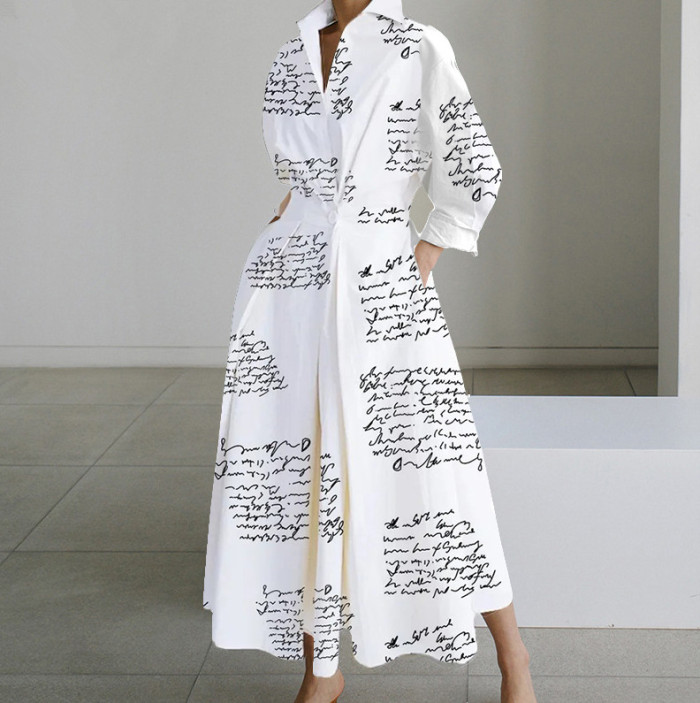 Women's Office Elegant Polka Dot A-Line Long Sleeve Lapel Mid  Dress