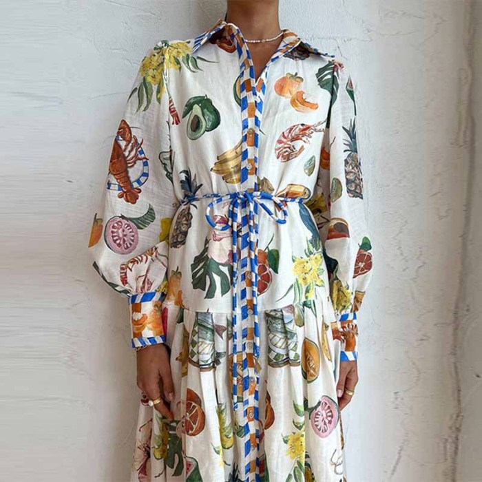Women's Fashion Elegant Polo Neck Print Vintage Lapel High Waist Maxi Dress