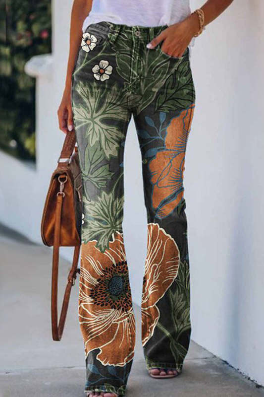 Chic Printed Faux Denim High Rise Flare Pants