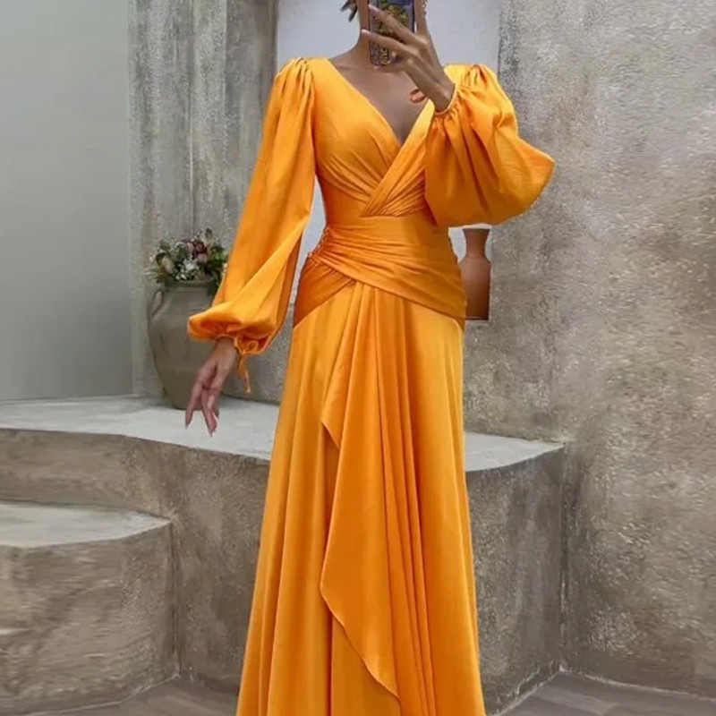 Women's Elegant Simple Solid Color Lantern Sleeve V Neck Pleated Irregular Fit Evening Dress