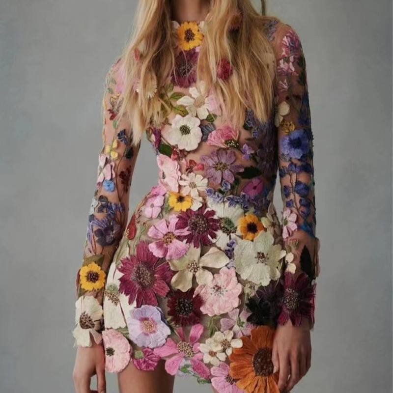 Floral Embroidered Elegant Mini Mock Neck Long Sleeve Elegant Party Bodycon Dress