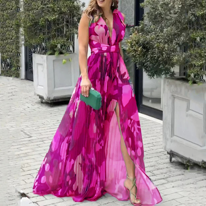 Women's Elegant Printed Sleeveless V Neck Open Back Lace Slit Slim Fit Vacation Dress