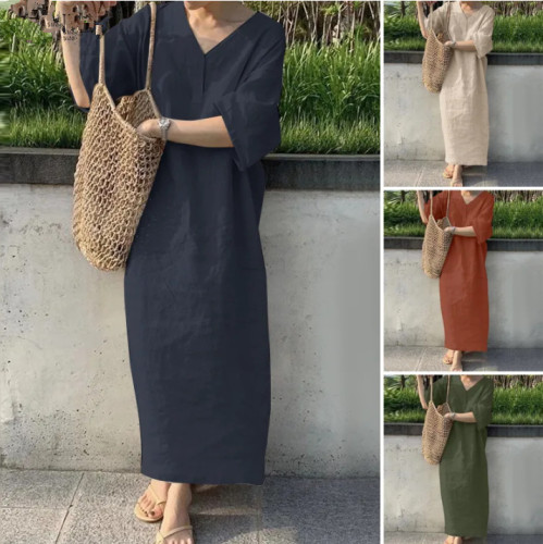 Women's Casual Solid Color V Neck Loose Fashion Elegant Oversized Vintage Dress