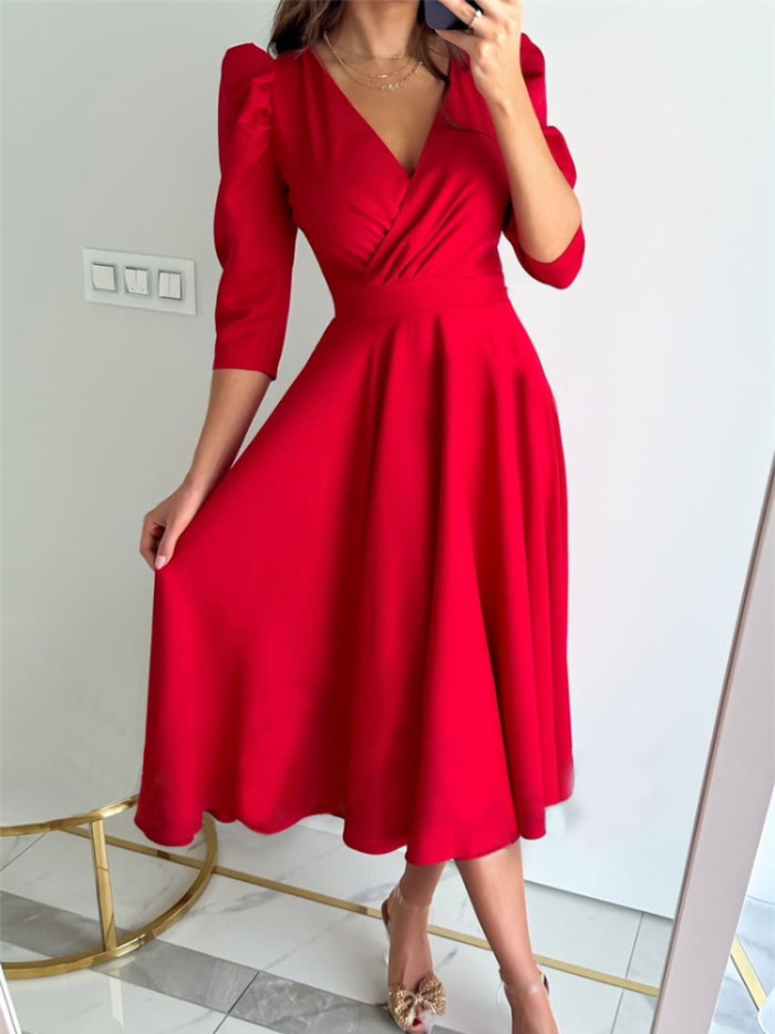 Women's Solid Color V-neck High Waist Puff Sleeve Elegant  Midi Dress
