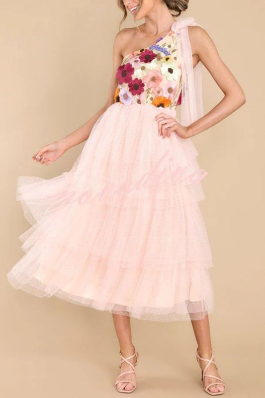One Shoulder Prom A-Line Tulle Formal High Slit Corset Floral Party  Evening Dress