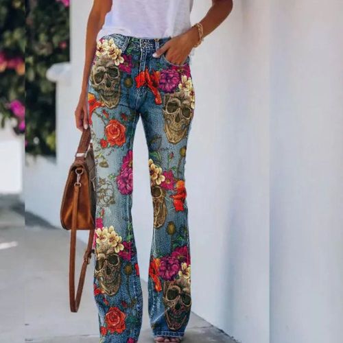 Chic Printed Faux Denim High Rise Flare Pants