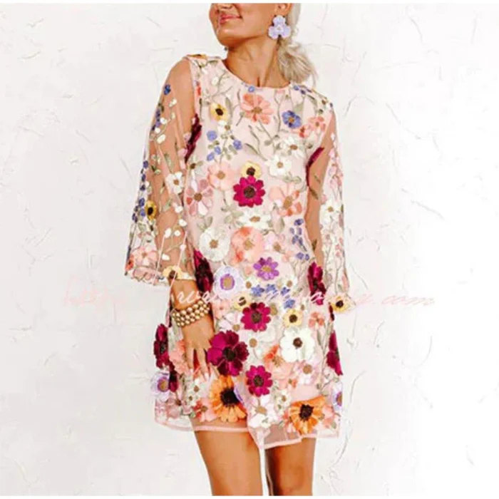 Elegant Printed Evening Dress Fashion O Neck Tulle Long Sleeves Chic Party Mini Dress