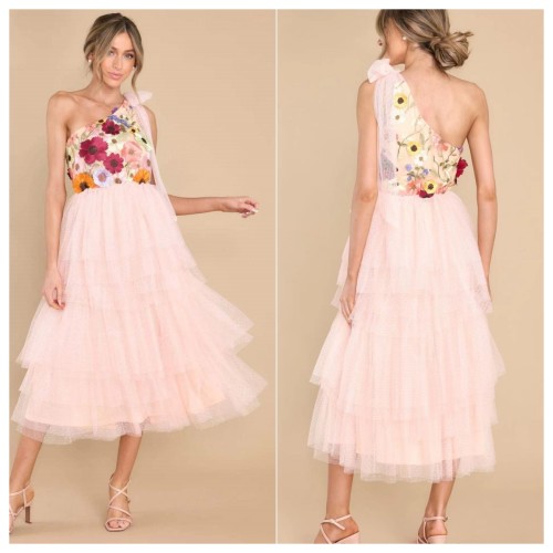 One Shoulder Prom A-Line Tulle Formal High Slit Corset Floral Party  Evening Dress