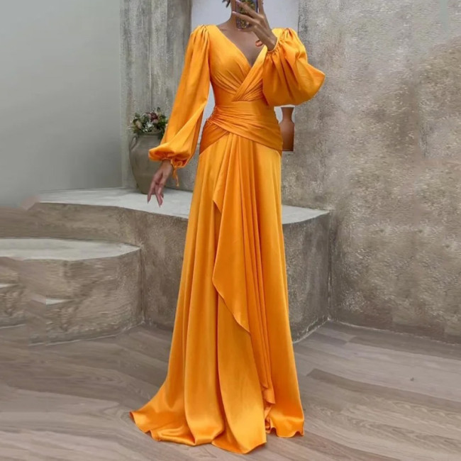 Women's Elegant Simple Solid Color Lantern Sleeve V Neck Pleated Irregular Fit Evening Dress