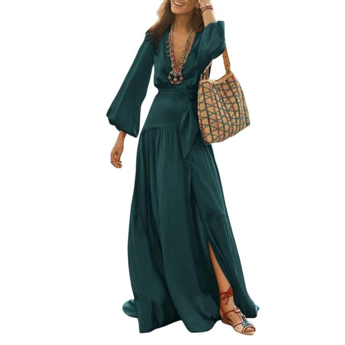 Women's Solid Color Deep V Neck Bell Sleeve Loose Casual Party Maxi Dress