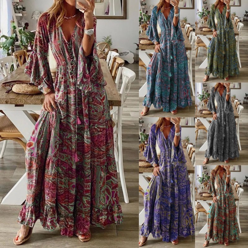 Fashion Bohemian Casual V Neck Long Sleeve Vintage Floral Maxi Dress