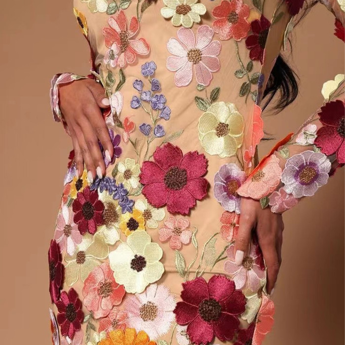 Floral Embroidered Elegant Mini Mock Neck Long Sleeve Elegant Party Bodycon Dress