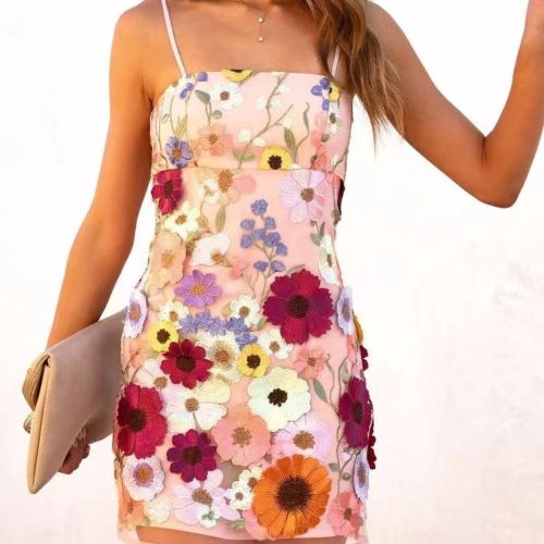 Fashion Luxury 3D Flowers Party Sleeveless Zipper Gown Mini Dress