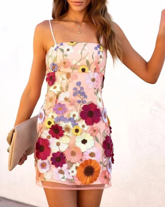 Fashion Luxury 3D Flowers Party Sleeveless Zipper Gown Mini Dress