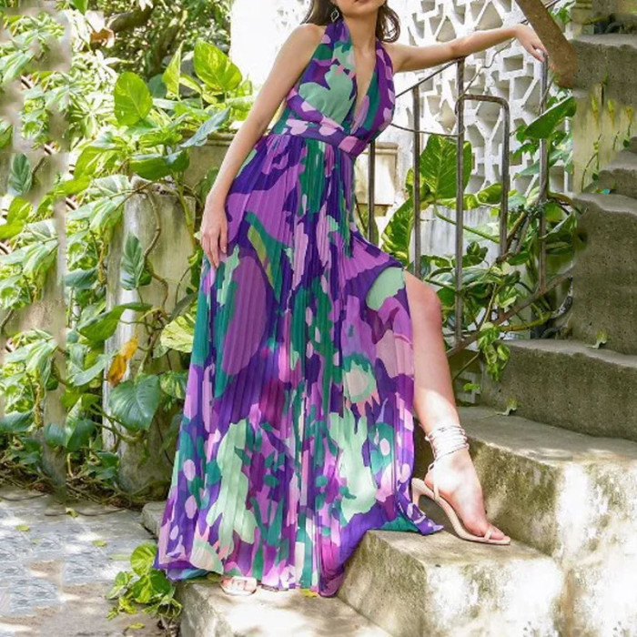 Women's Elegant Printed Sleeveless V Neck Open Back Lace Slit Slim Fit Vacation Dress
