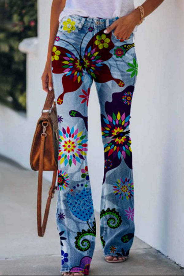 Chic Printed Faux Denim High Rise Flare Pants