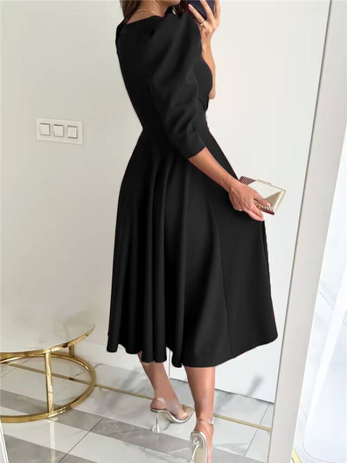 Women's Solid Color V-neck High Waist Puff Sleeve Elegant  Midi Dress
