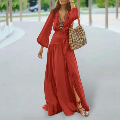 Women's Solid Color Deep V Neck Bell Sleeve Loose Casual Party Maxi Dress
