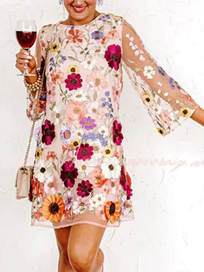 Elegant Printed Evening Dress Fashion O Neck Tulle Long Sleeves Chic Party Mini Dress