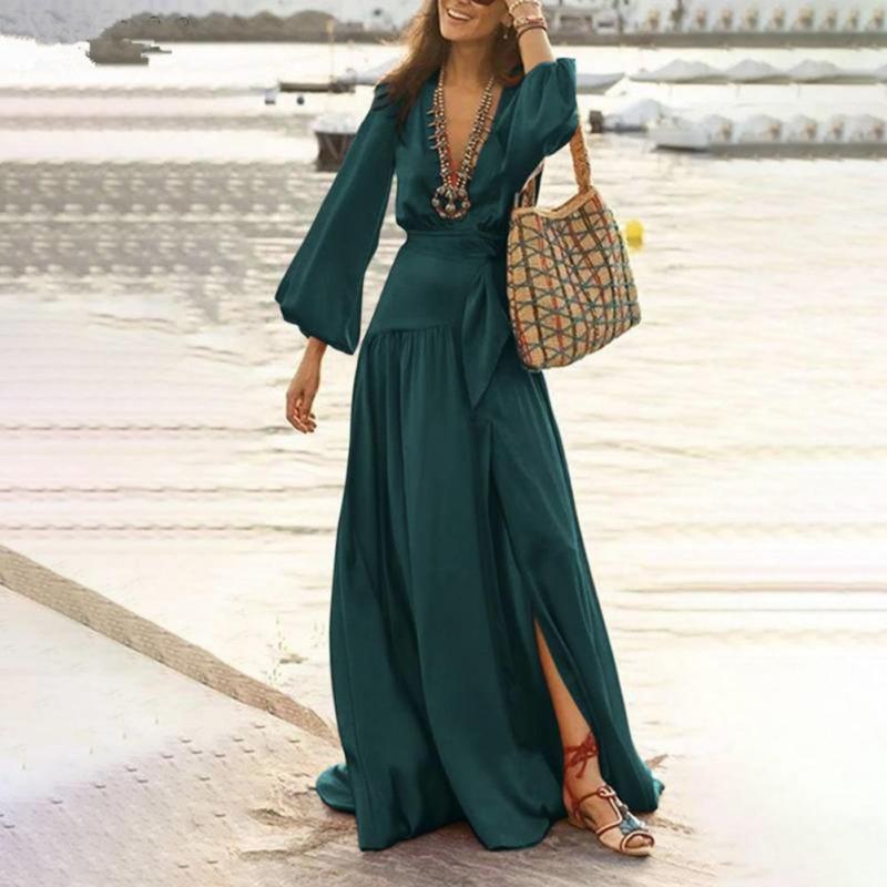 Women's Solid Color Deep V Neck Bell Sleeve Loose Casual Party Maxi Dress