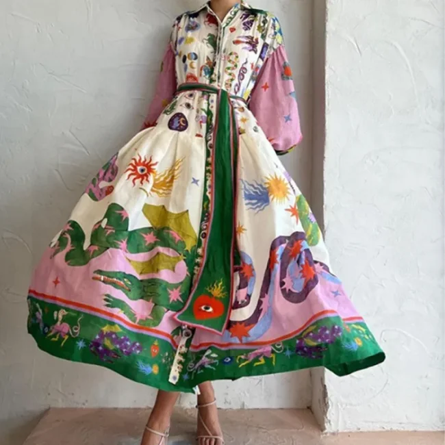 Women's Fashion Elegant Polo Neck Print Vintage Lapel High Waist Maxi Dress