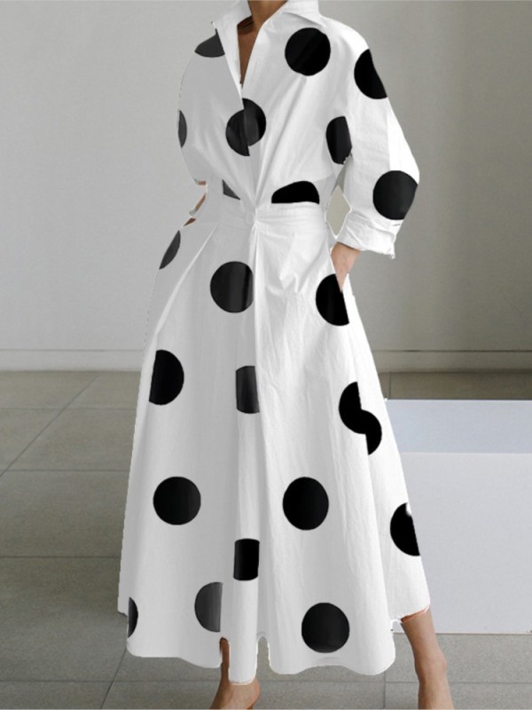 Fall Long Sleeve Polka Dot Print Elegant Casual V Neck Shirt Party  Maxi Dress