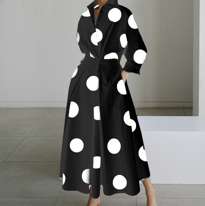 Women's Office Elegant Polka Dot A-Line Long Sleeve Lapel Mid  Dress