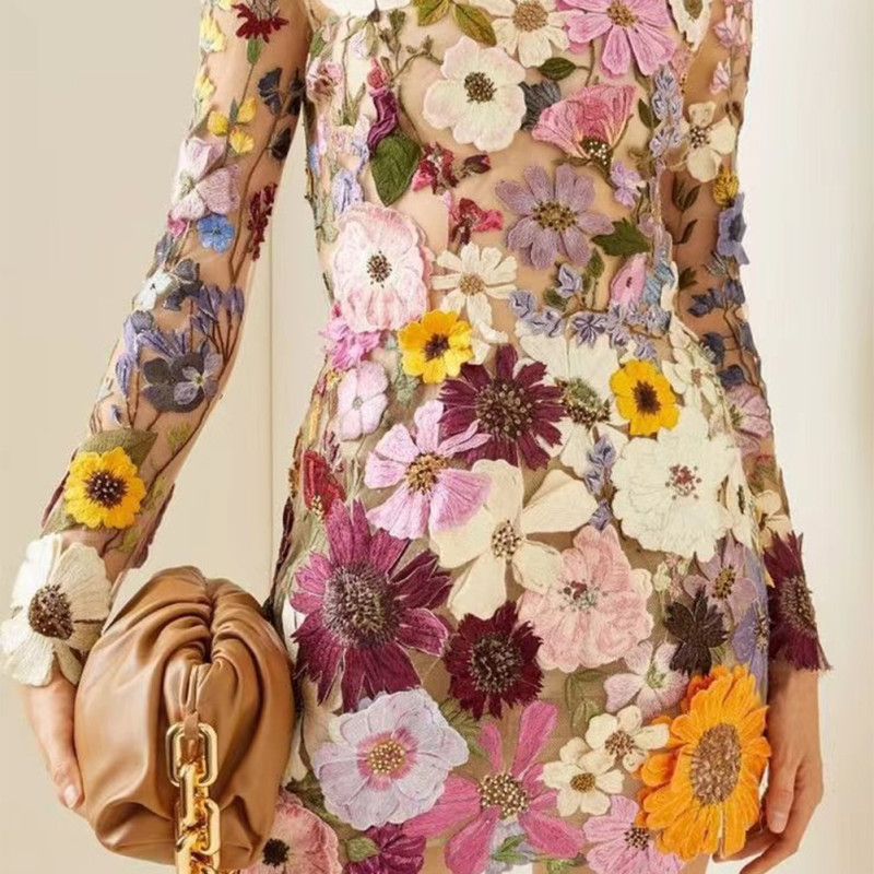 Floral Embroidered Elegant Mini Mock Neck Long Sleeve Elegant Party Bodycon Dress