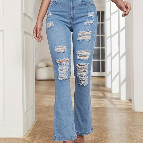Blue Ripped Holes Flare Jeans, High Stretch Slim Fit Slant Pockets Bell Bottom Jeans, Women's Denim Jeans & Clothing
