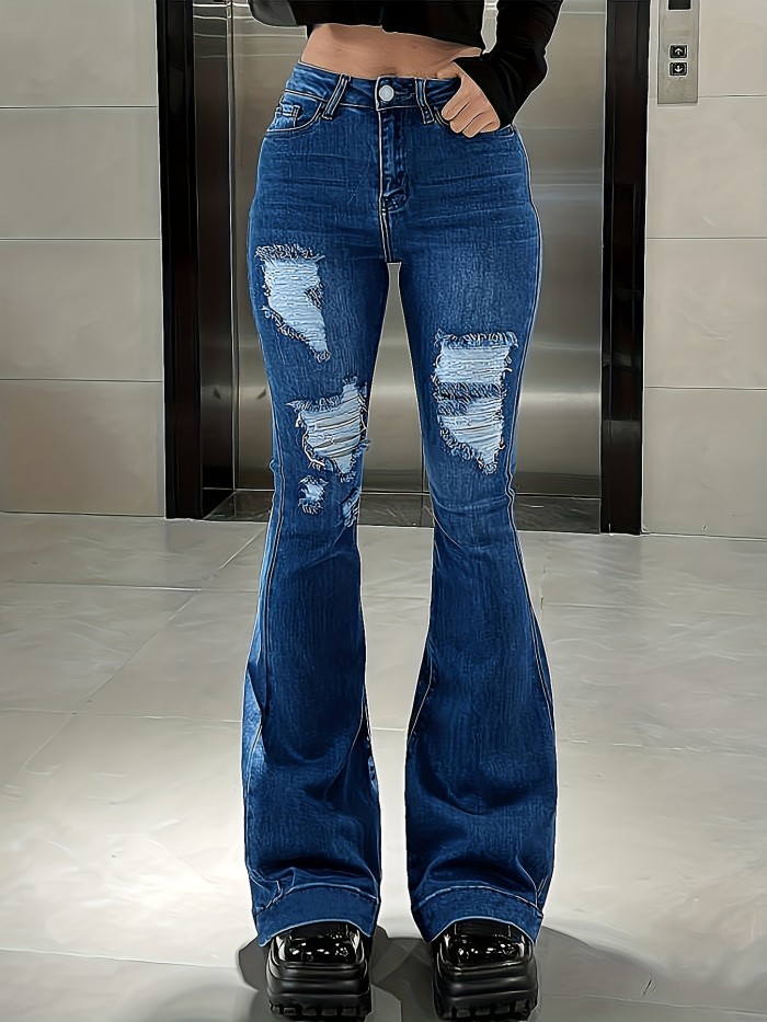 Blue Ripped Holes Flare Jeans, Distressed Mid-Stretch Washed Bell Bottom Jeans, Women's Denim Jeans & Clothing