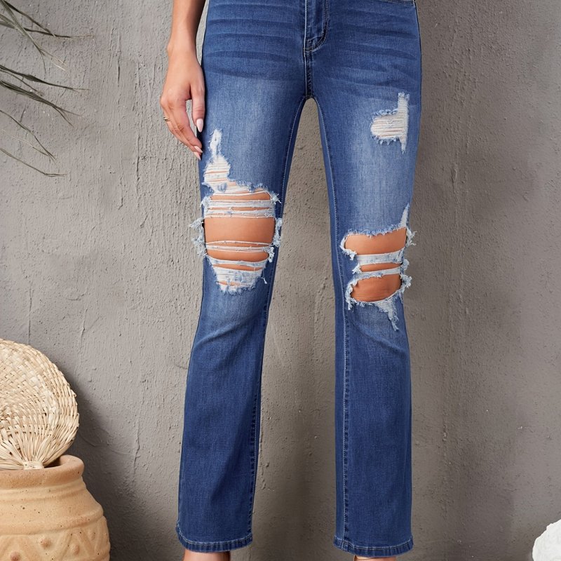 Ripped Distressed Bell Bottom Jeans, Whiskering Slash Pocket Wash Blue Bootcut Denim Pants, Women's Denim Jeans & Clothing