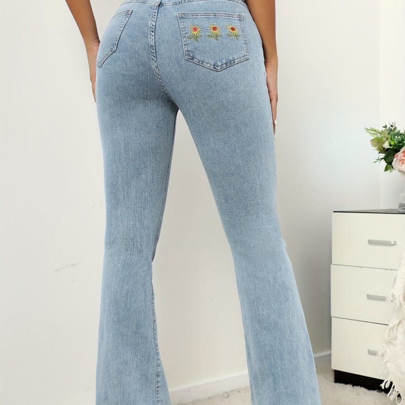Blue Sunflower Embroidery Flared Jeans, Bell Bottom Wide Legs Slash Pockets High-Stretch Denim Pants, Women's Denim Jeans & Clothing