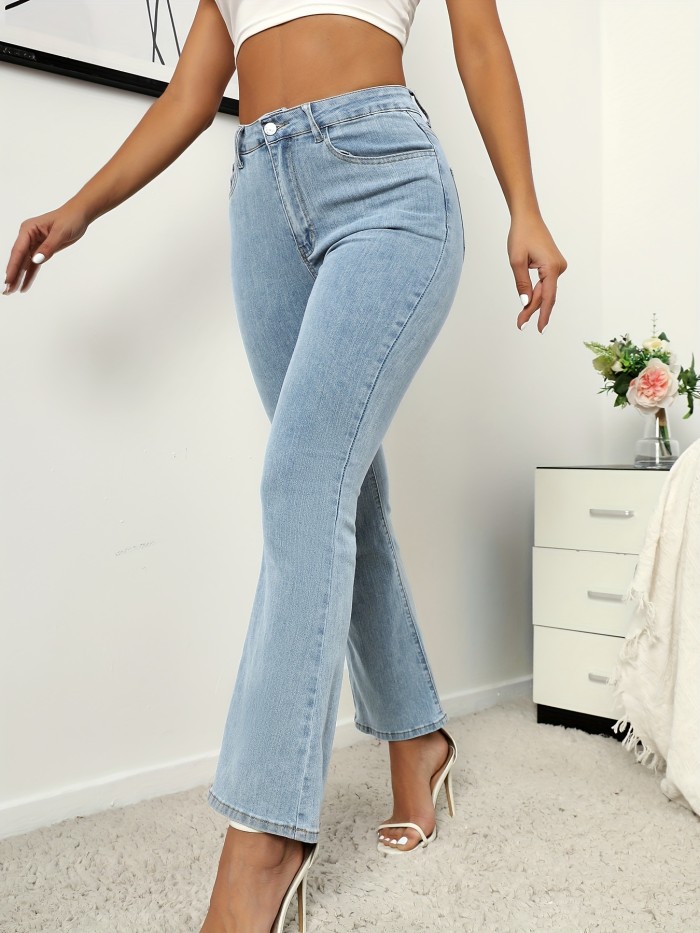 Blue Sunflower Embroidery Flared Jeans, Bell Bottom Wide Legs Slash Pockets High-Stretch Denim Pants, Women's Denim Jeans & Clothing