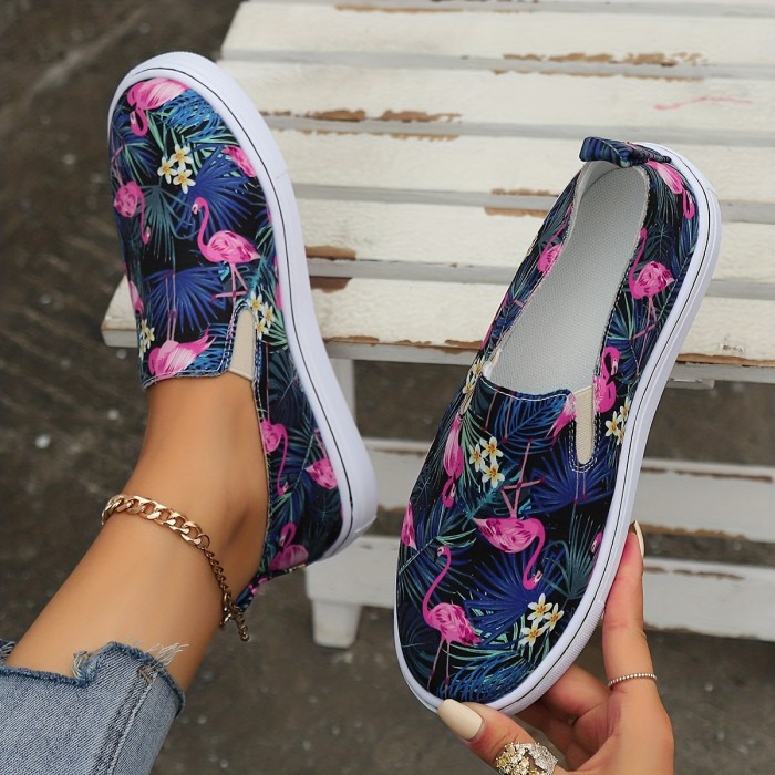 Ethnic Flamingo Flower Print Flat Wear Resistance Skate Shoes, Fall Aesthetic Soft Sole Comfortable Lightweight Slip On Sneakers, Low Cut Casual Versatile Preppy School Walking Shoes Loafers Shoes
