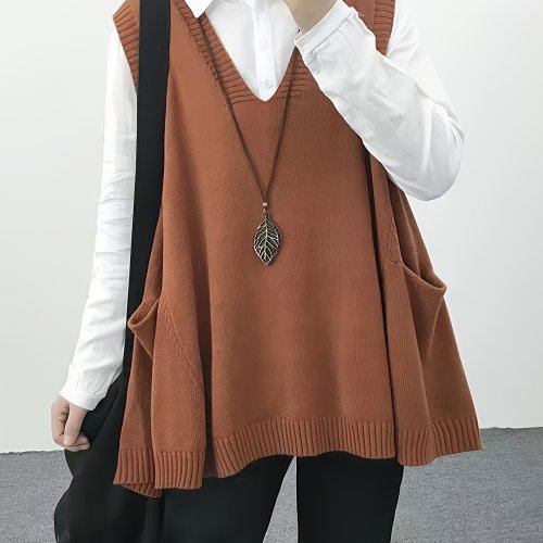 V Neck Pockets Knitted Vest, Elegant Sleeveless Mid Length Vest For Spring & Fall, Women's Clothing