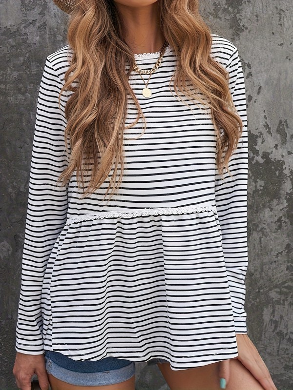 Striped Print Contrast Lace Blouse, Casual Crew Neck Long Sleeve Blouse, Women's Clothing