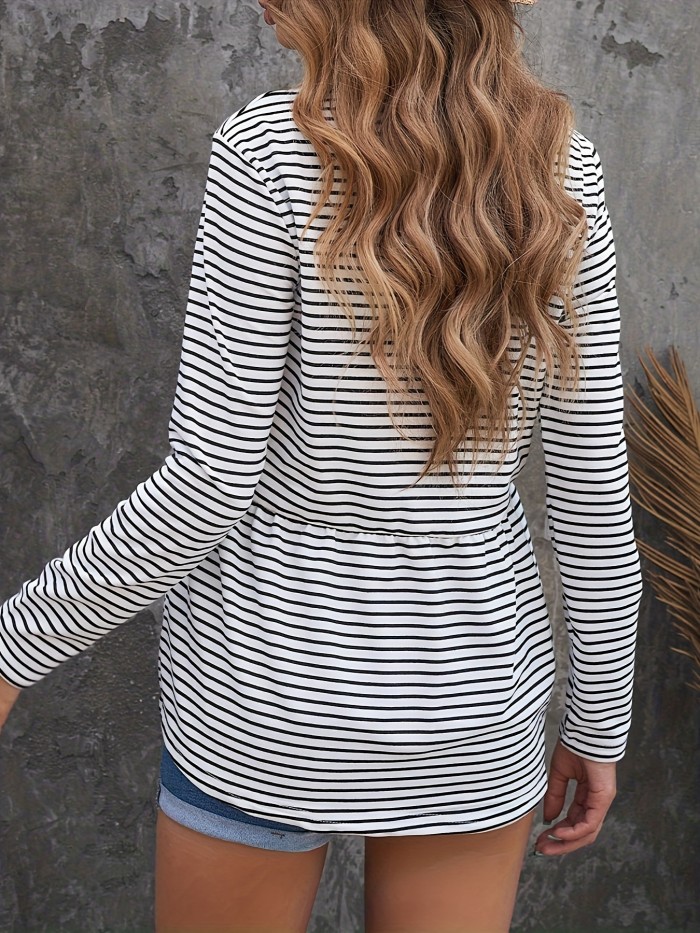 Striped Print Contrast Lace Blouse, Casual Crew Neck Long Sleeve Blouse, Women's Clothing