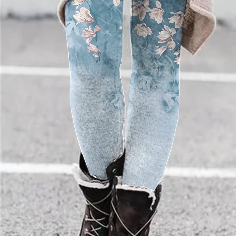 Plus Size Casual Leggings, Women's Plus Floral Print Tie Dye High Rise Knit Stretchy Skinny Leggings