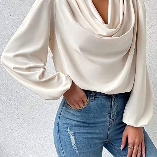 Long Sleeve Solid Blouse, Draped Collar Casual Every Day Top For Fall & Spring, Women's Clothing