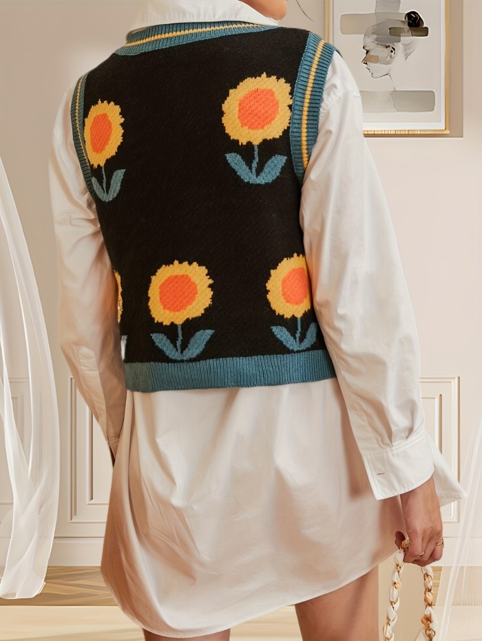 Sunflower Pattern V Neck Sweater Vest, Elegant Sleeveless Sweater For Spring & Fall, Women's Clothing