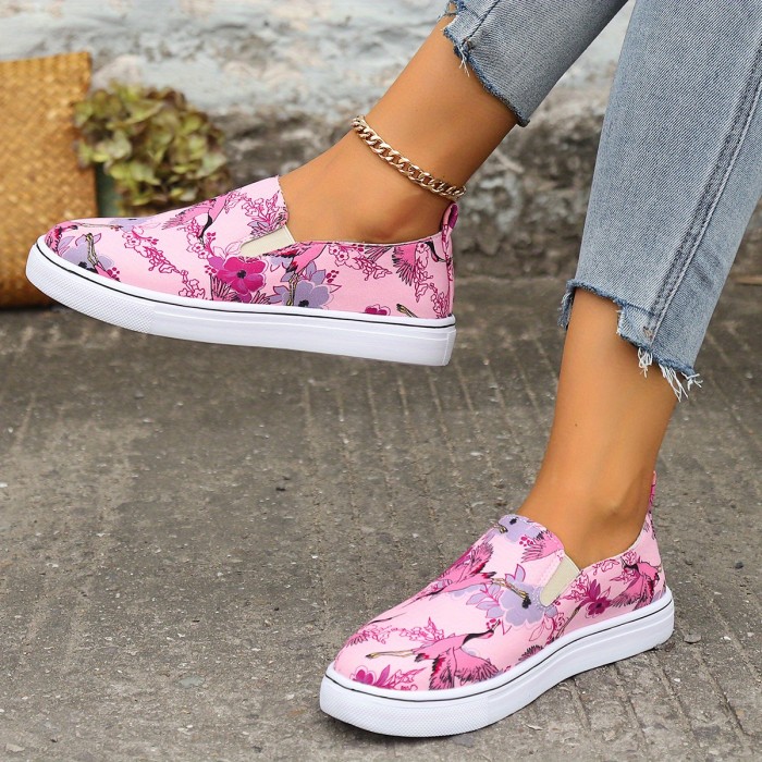 Flamingo Print Pink Flat Wear Resistance Skate Shoes, Fall Aesthetic Soft Sole Comfortable Lightweight Slip On Sneakers, Low Cut Casual Versatile Preppy School Walking Shoes Loafers Shoes