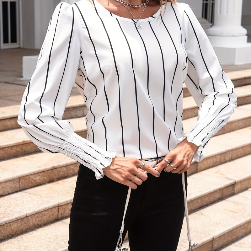 Striped Crew Neck Blouse, Casual Shirred Long Sleeve Blouse, Women's Clothing