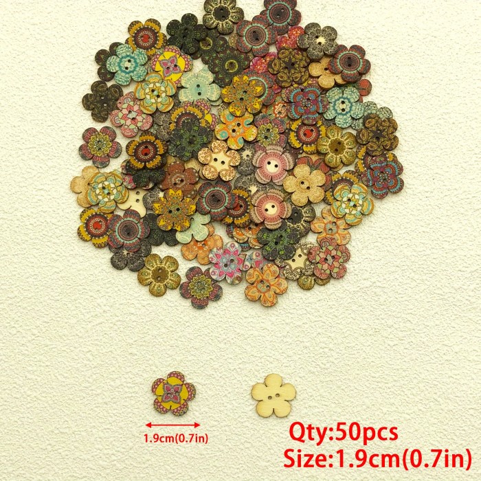 50pcs 0.7in Vintage Painted Mixed Flowers 2-Hole Wooden Button Handmade Crafts Sewing Clothing Accessories