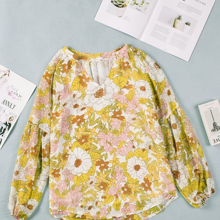 Printed V Neck Loose Blouse, Long Sleeve Casual Every Day Top For Spring & Summer, Women's Clothing
