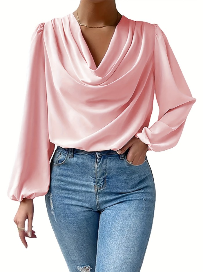 Long Sleeve Solid Blouse, Draped Collar Casual Every Day Top For Fall & Spring, Women's Clothing
