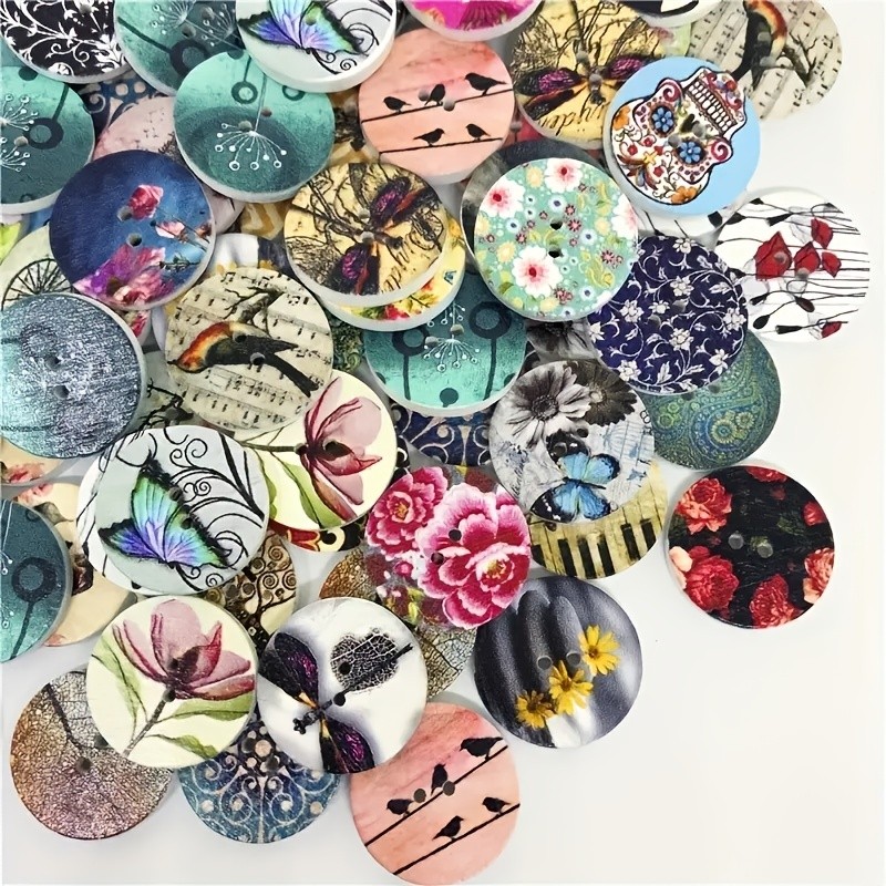50pcs, 3 Sizes Wooden Buttons, Multiple Styles Decorative Sewing Buttons, Buttons For Crafts, 2 Holes Round Decorative Painted Wooden Buttons, Cute Buttons, DIY Art Crafts, 3D Buttons 15mm\u002F20mm\u002F25mm