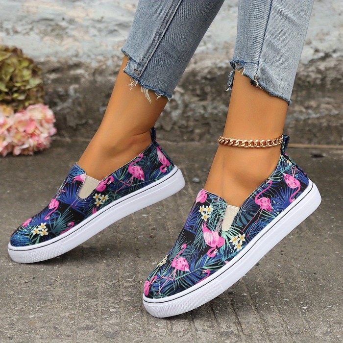 Ethnic Flamingo Flower Print Flat Wear Resistance Skate Shoes, Fall Aesthetic Soft Sole Comfortable Lightweight Slip On Sneakers, Low Cut Casual Versatile Preppy School Walking Shoes Loafers Shoes