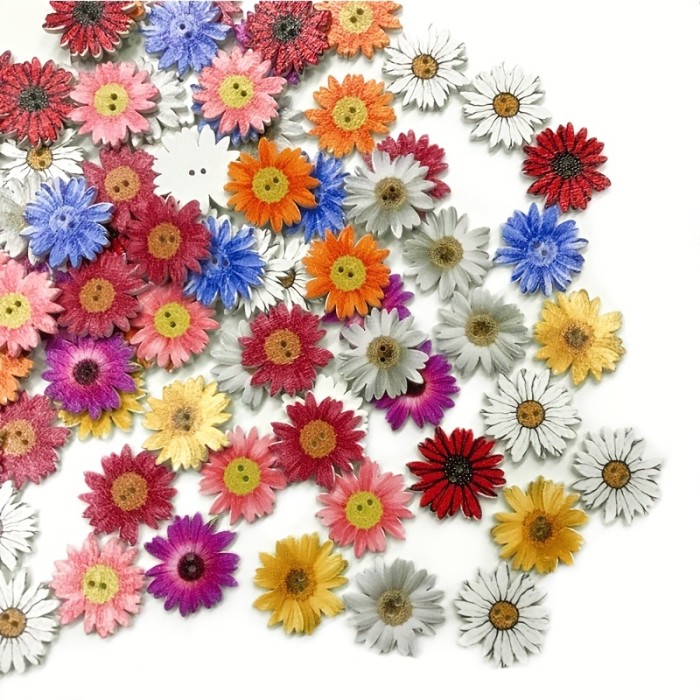 50pcs\u002Fpack Color Random Colored Drawing Daisy Flowers Wooden Button DIY Handwork Sewing Decoration Buttons
