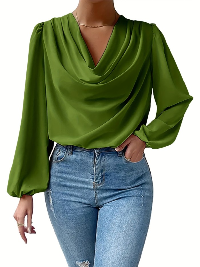 Long Sleeve Solid Blouse, Draped Collar Casual Every Day Top For Fall & Spring, Women's Clothing