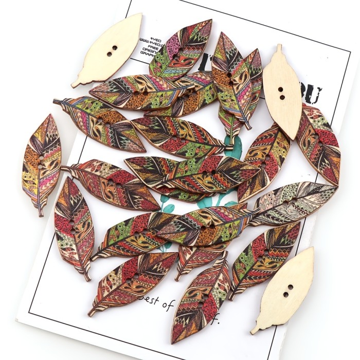 50pcs Wooden Buttons, Retro Painted Leaf Buckles, Children's Clothing DIY Buttons